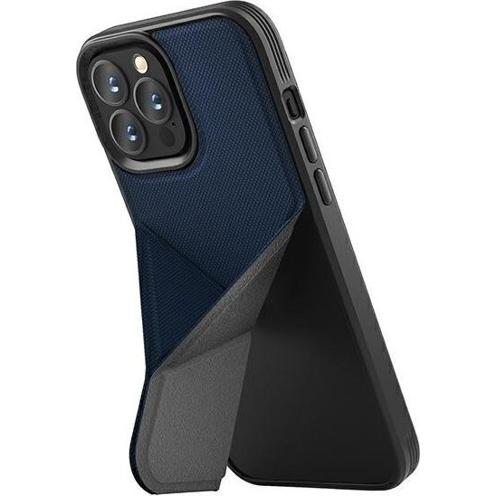 Entegre stantlı mavi kılıf içinde bir akıllı telefon.