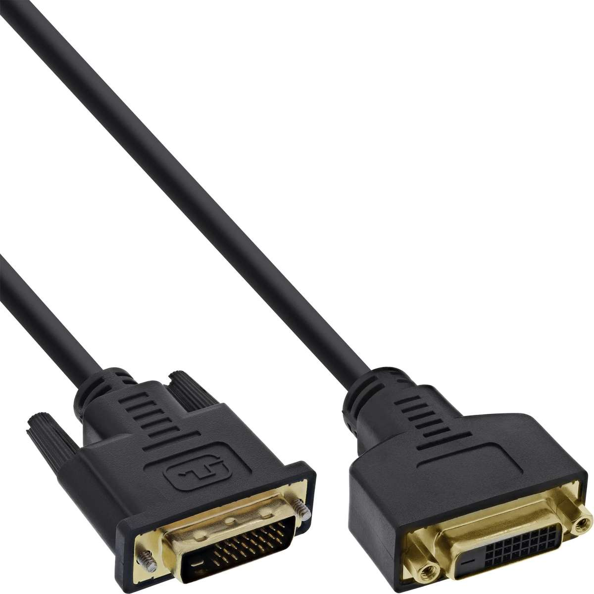 Schwarzes DVI-Kabel mit vergoldeten Anschlüssen auf weißem Hintergrund.
