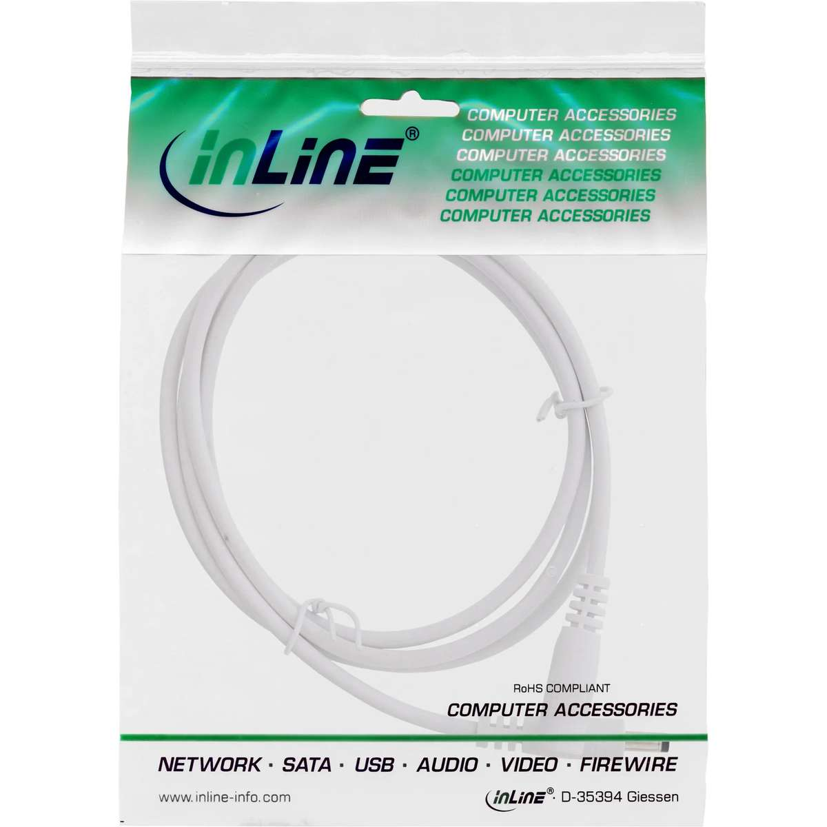 Ein weißes InLine Computerkabel in einer originalen Verpackung mit grünem und weißem Branding.