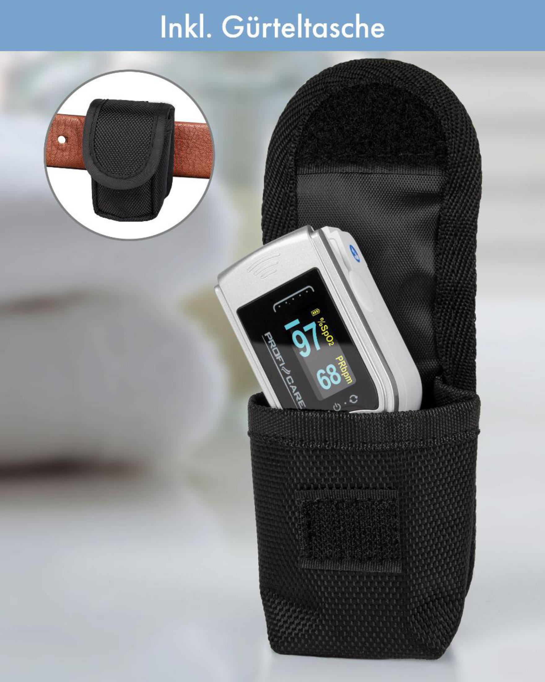 Ein Pulsoximeter in einer schwarzen Gürteltasche, mit einem Inset, das die Tasche an einem Gürtel zeigt.