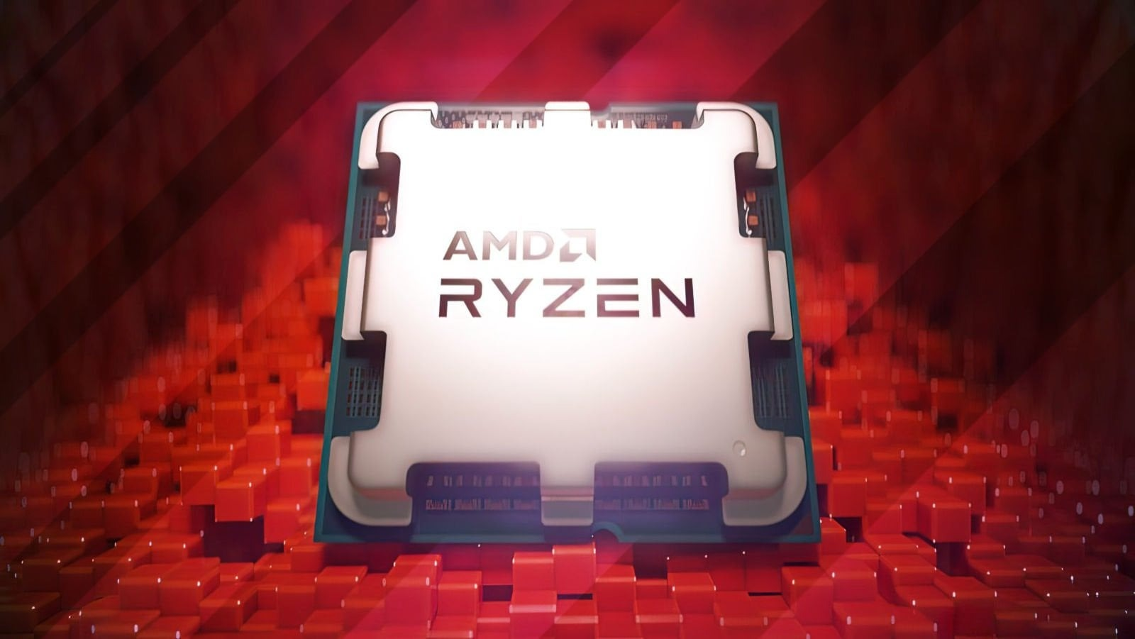 Kırmızı, soyut bir blok arka planı önünde duran bir AMD Ryzen CPU işlemcisi.