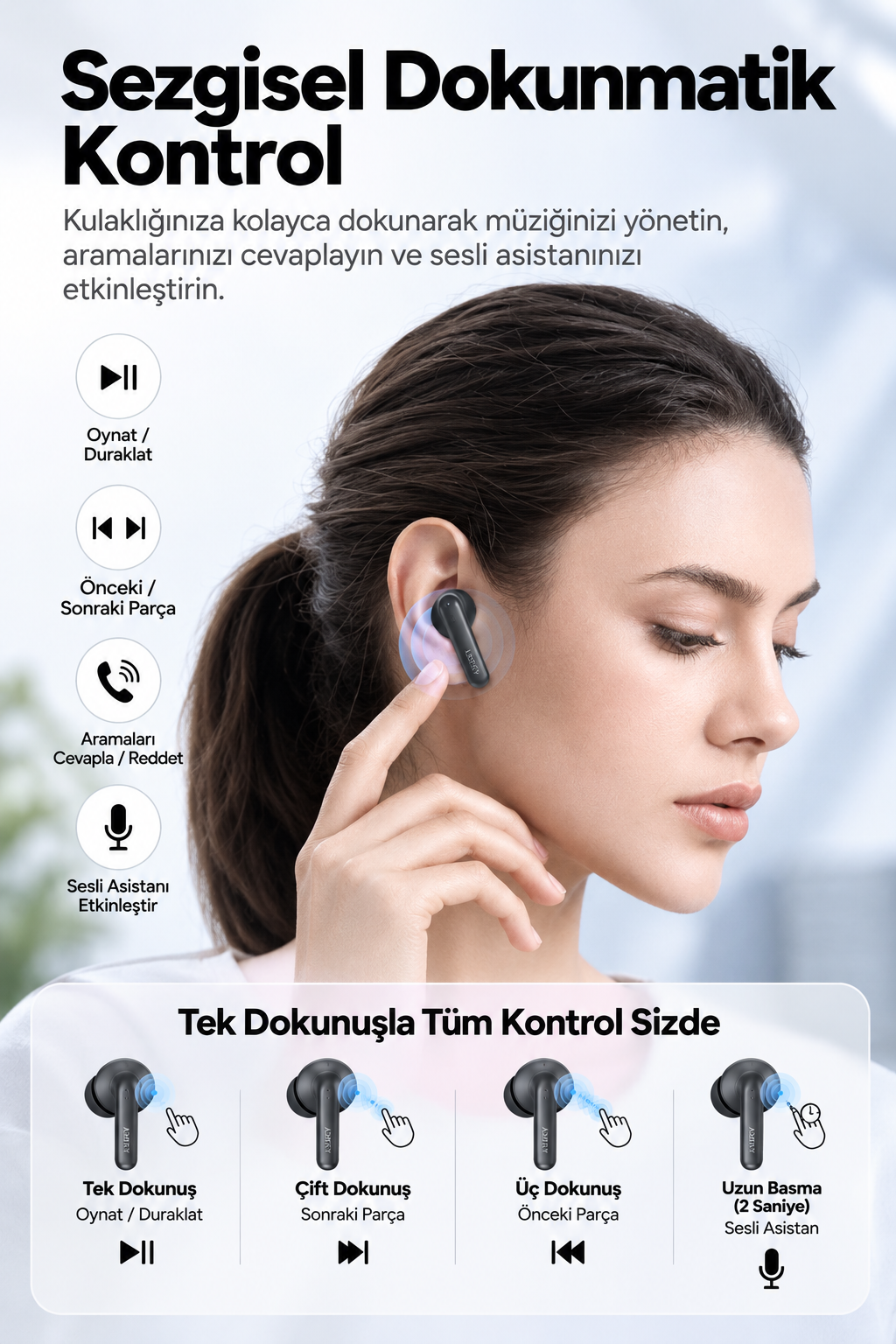Siyah kablosuz kulaklık takan bir kadın ve dokunmatik kontrolleri açıklayan şemalar.