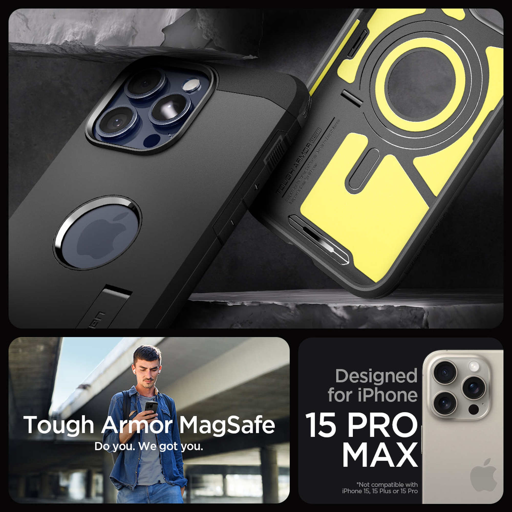 Czarne etui ochronne do iPhone 15 Pro Max z kompatybilnością MagSafe.