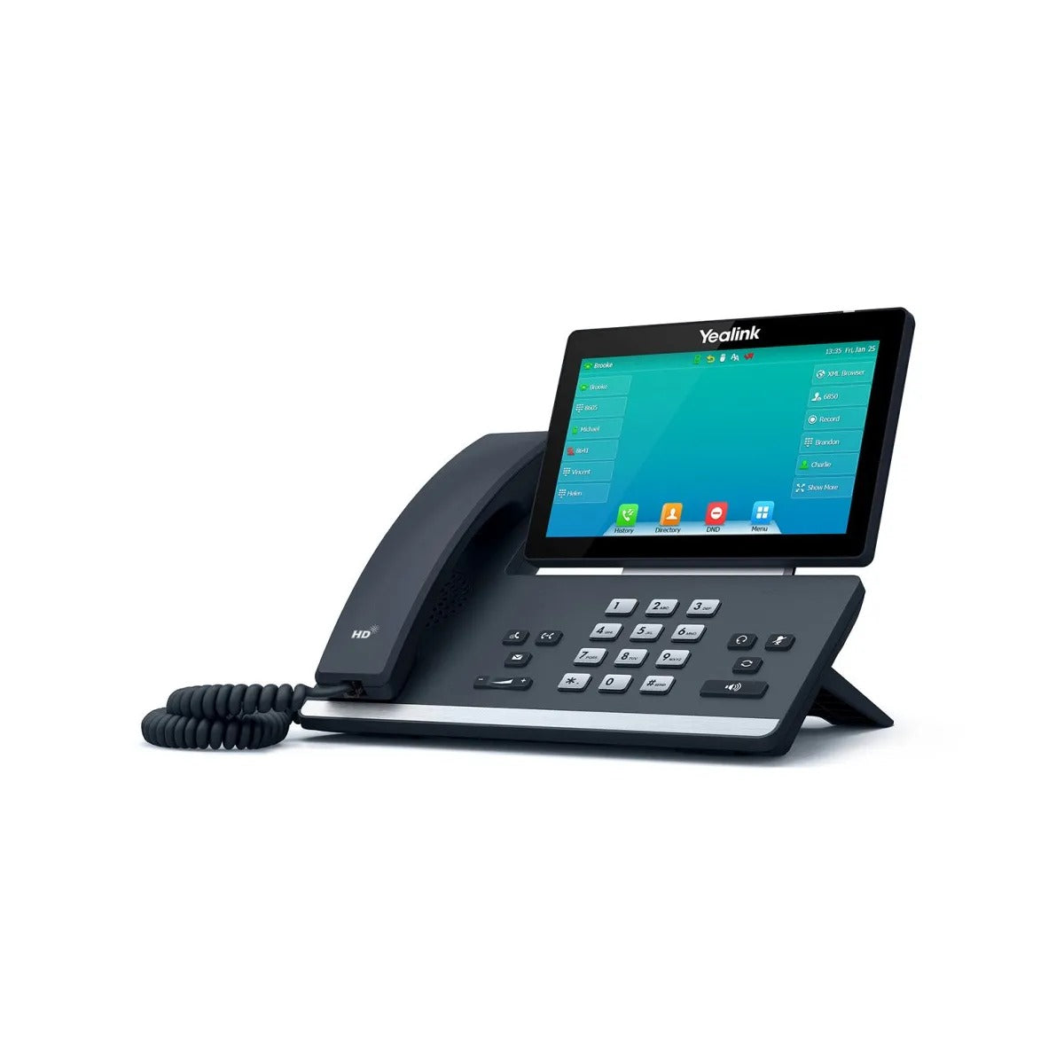 Czarny telefon IP Yealink z dużym ekranem dotykowym, klawiaturą numeryczną i słuchawką ze sprężynowym przewodem.