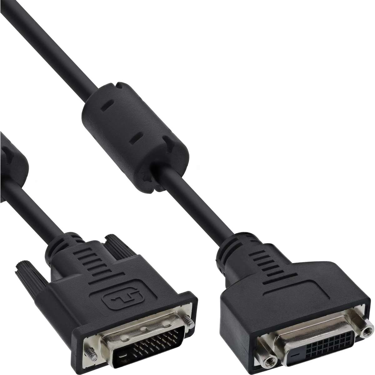 Ein schwarzes DVI-Kabel mit Ferritkern auf weißem Hintergrund.
