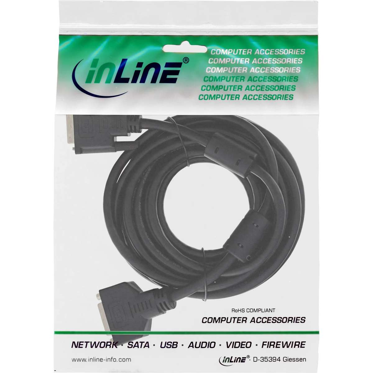 Ein schwarzes Kabel in einer transparenten InLine-Verpackung mit grünem Logo und Beschriftung.