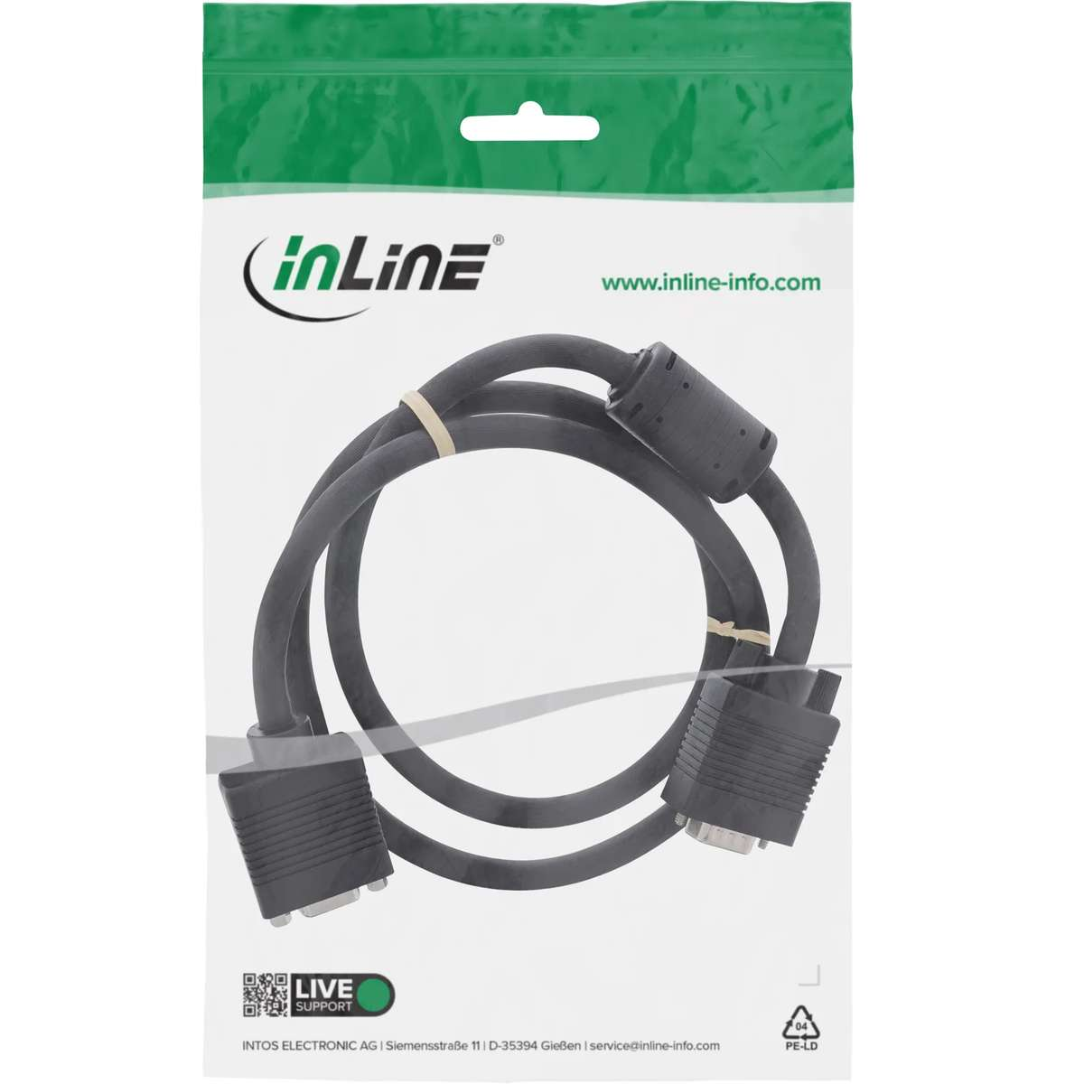 Ein schwarzes Kabel in einer weißen Plastikverpackung mit der Aufschrift InLine.