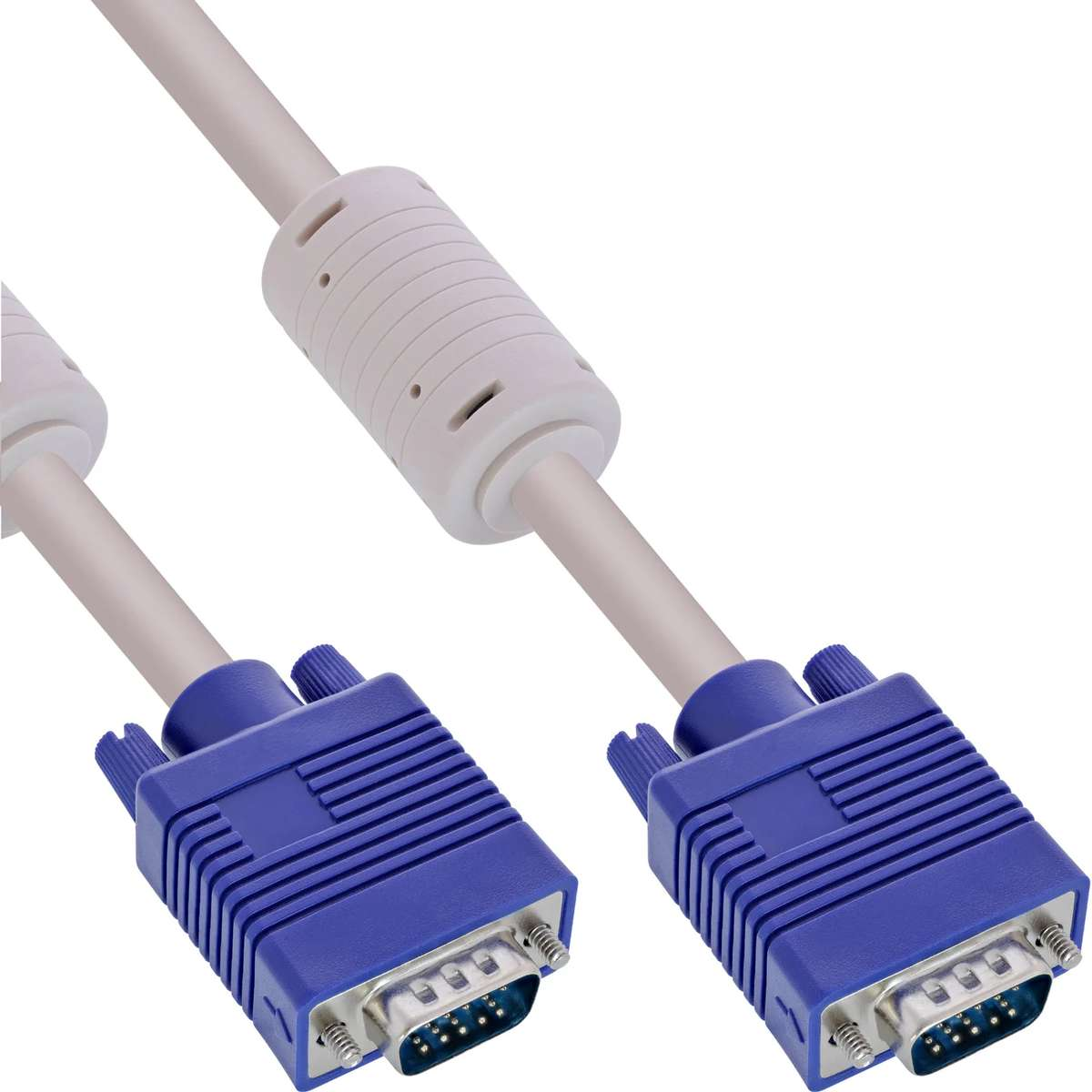 Zwei graue VGA-Kabel mit blauen Steckern und Ferritkernen auf weißem Hintergrund.