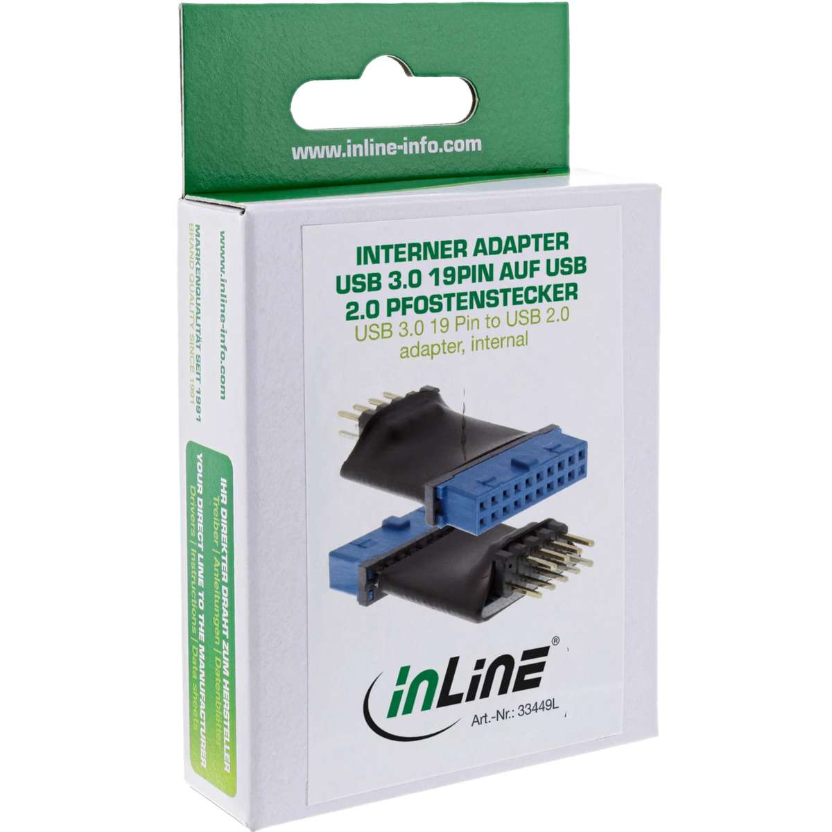 Produktverpackung eines InLine USB 3.0 19Pin auf USB 2.0 Adapters auf weißem Hintergrund.