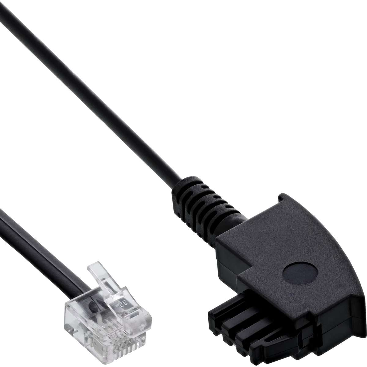 Ein schwarzes Kabel mit einem transparenten RJ11-Stecker und einem großen schwarzen abgewinkelten Stecker.