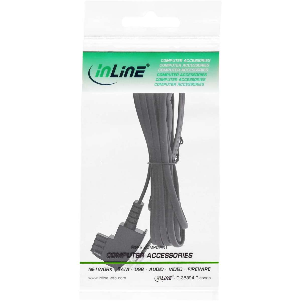 Verpacktes InLine-Computerkabel in weißer Hülle mit grünem Logo.
