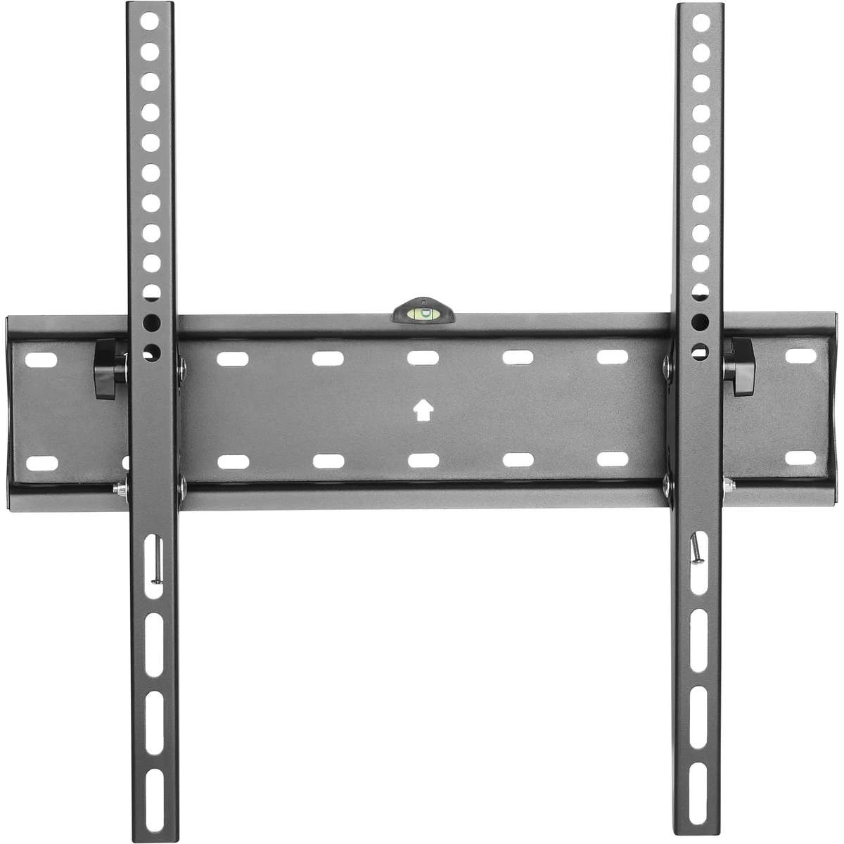 Black TV wall mount with two vertical rails and a horizontal base plate with a spirit level against a white background.