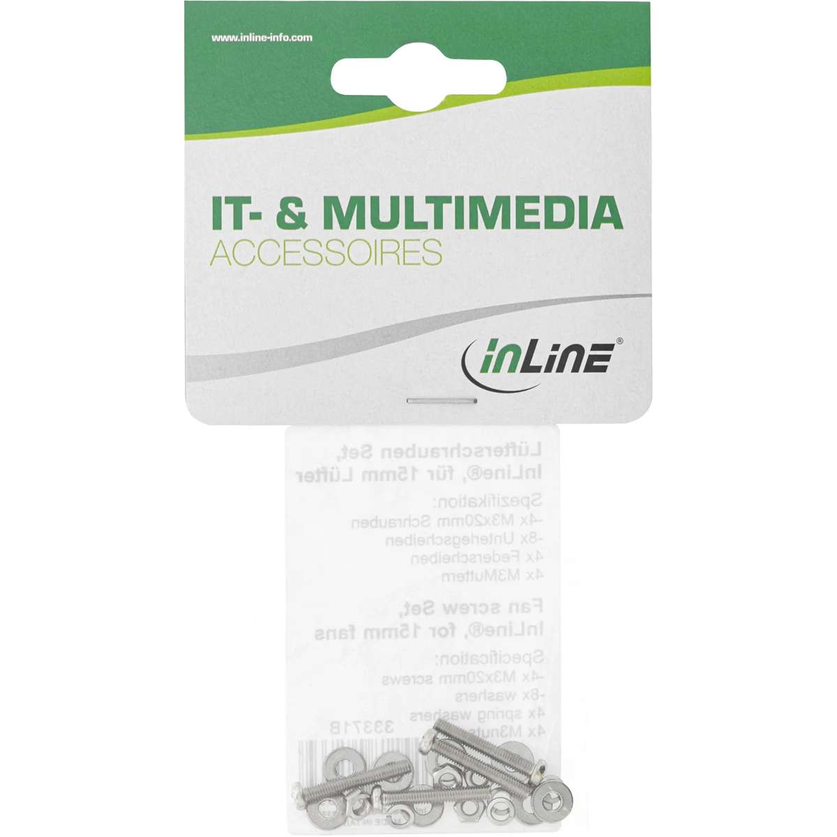 Verpackung mit InLine IT- und Multimedia-Zubehör, Metallschrauben und Unterlegscheiben im unteren Beutel.