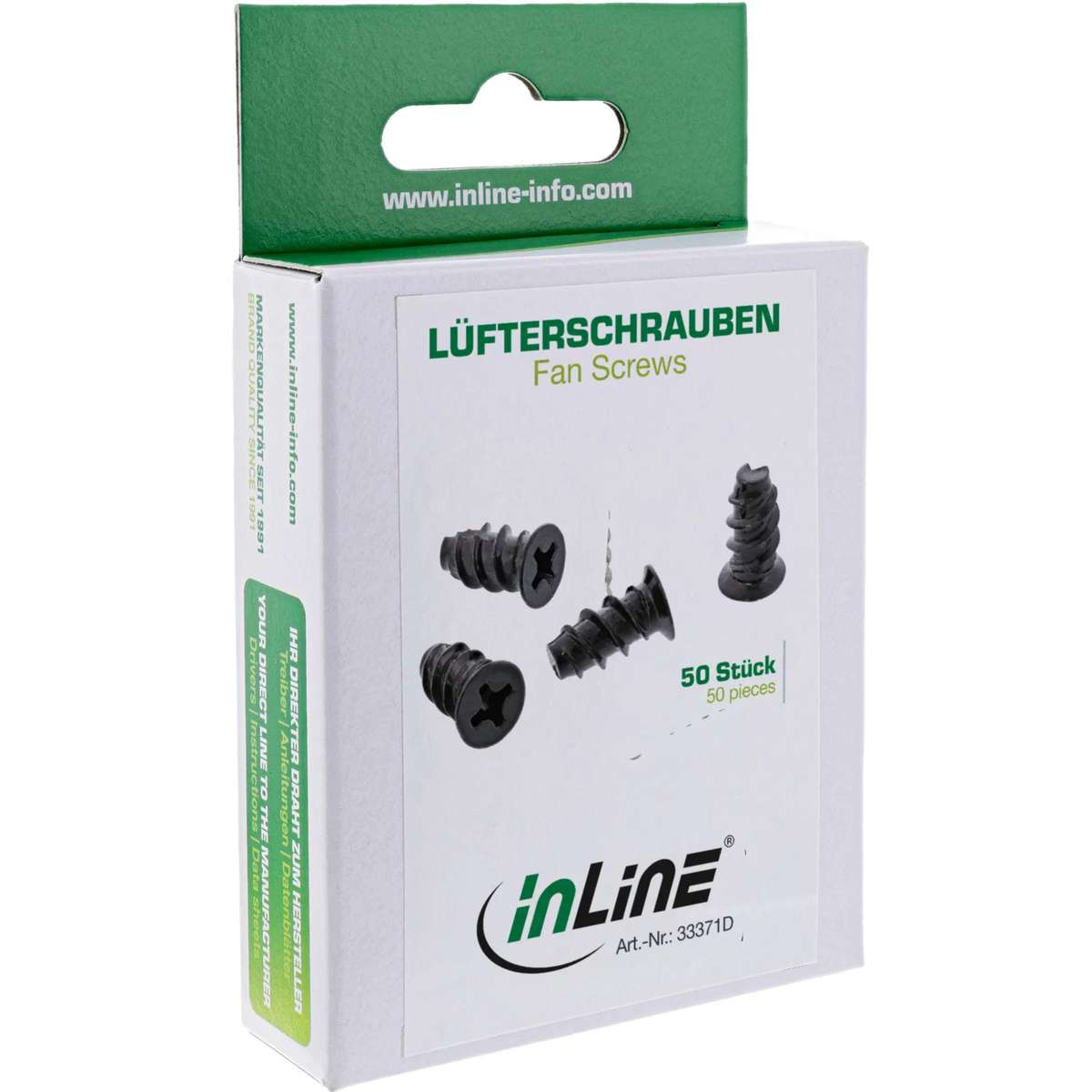 Eine weiße und grüne Verpackung von InLine für 50 Lüfterschrauben, Vorderseite mit Produktbild.
