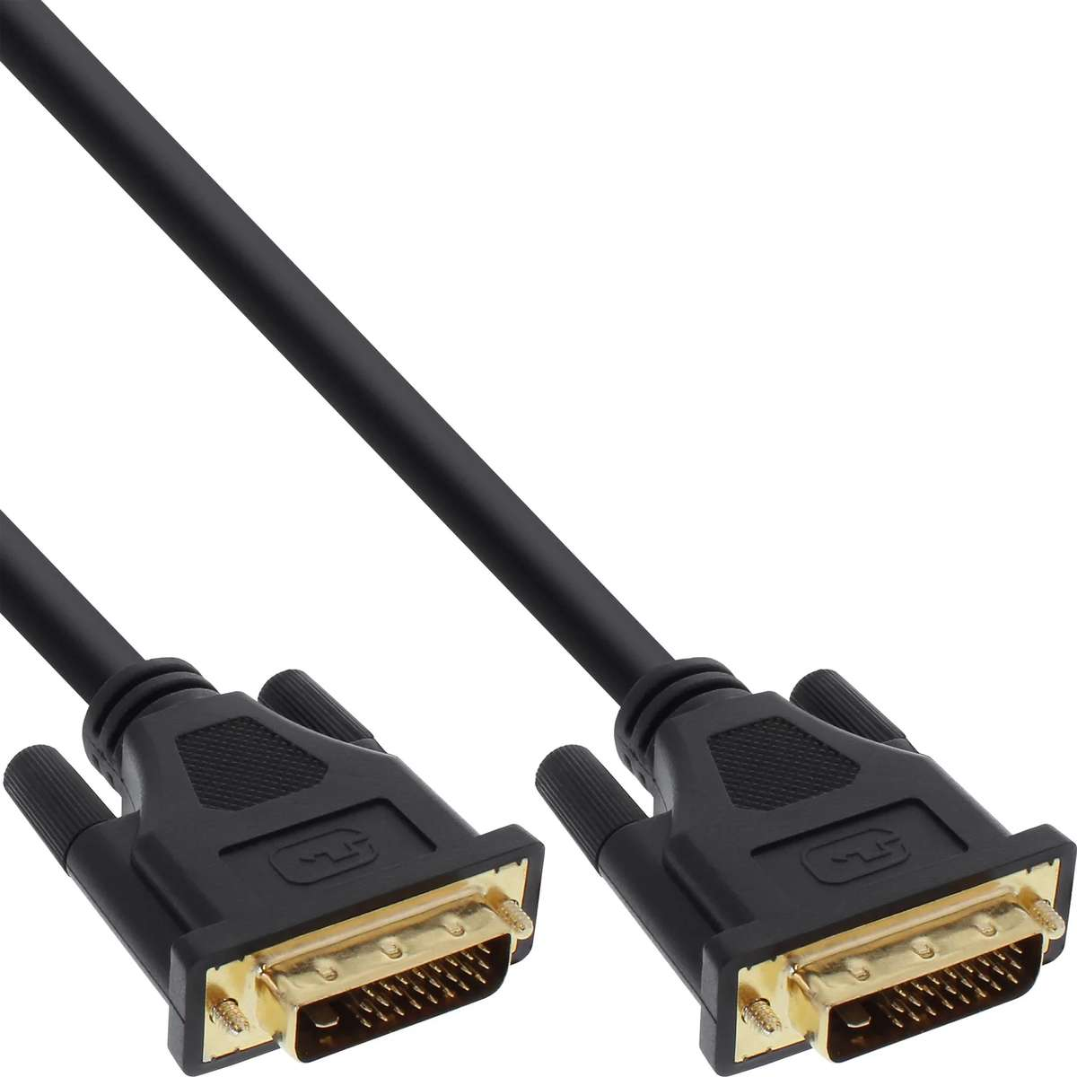 Zwei schwarze DVI-Kabel mit goldenen Steckern und Schrauben auf weißem Grund.