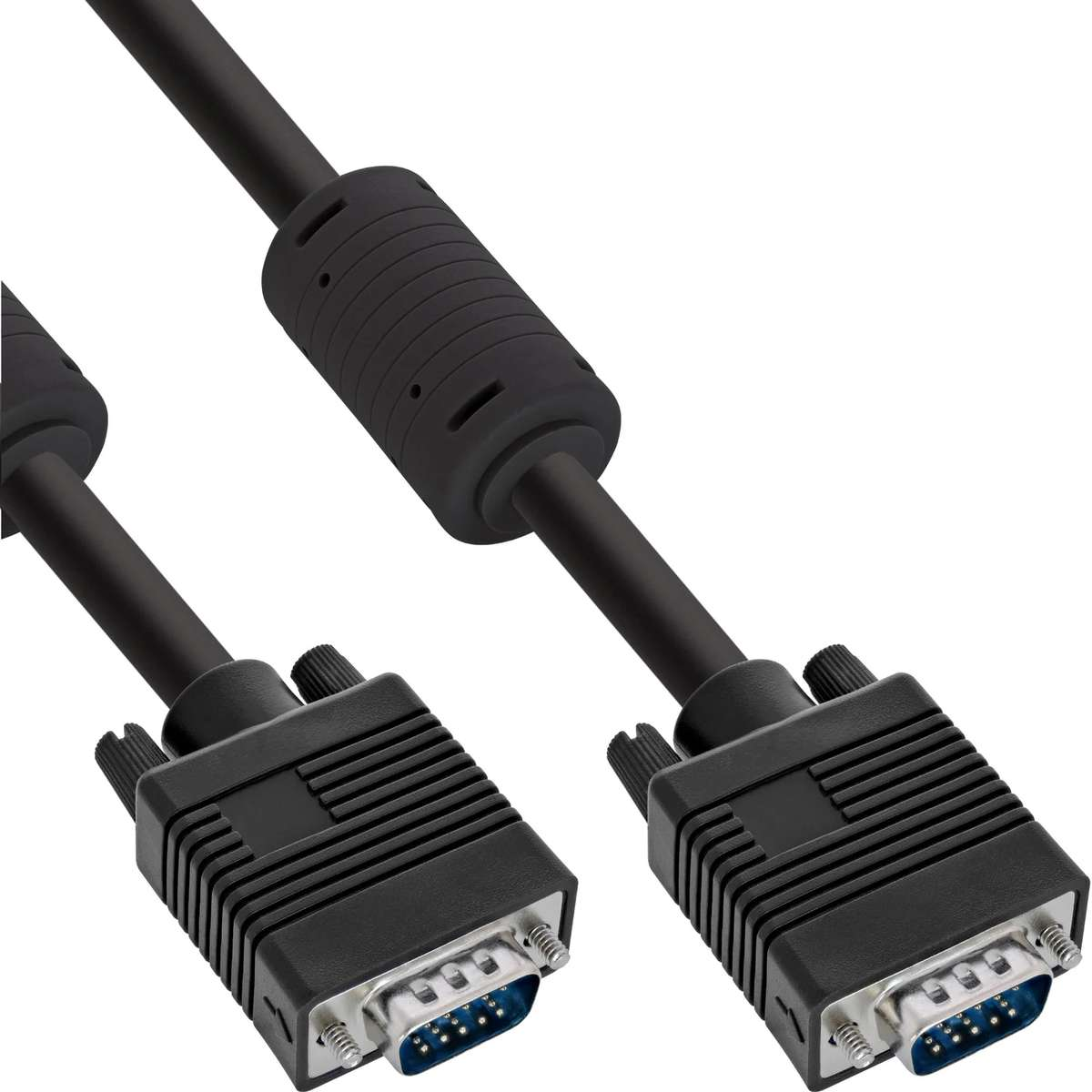 Zwei schwarze VGA-Kabel mit Ferritkern und Steckern auf weißem Hintergrund.