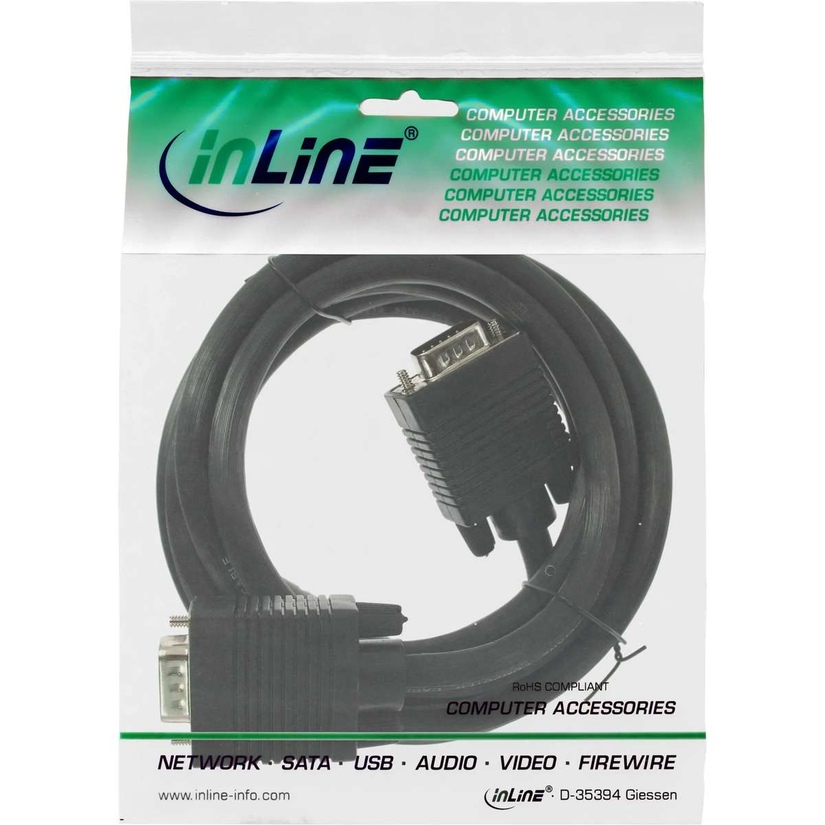 Ein schwarzes Kabel mit Steckern in einer transparenten InLine-Verpackung.