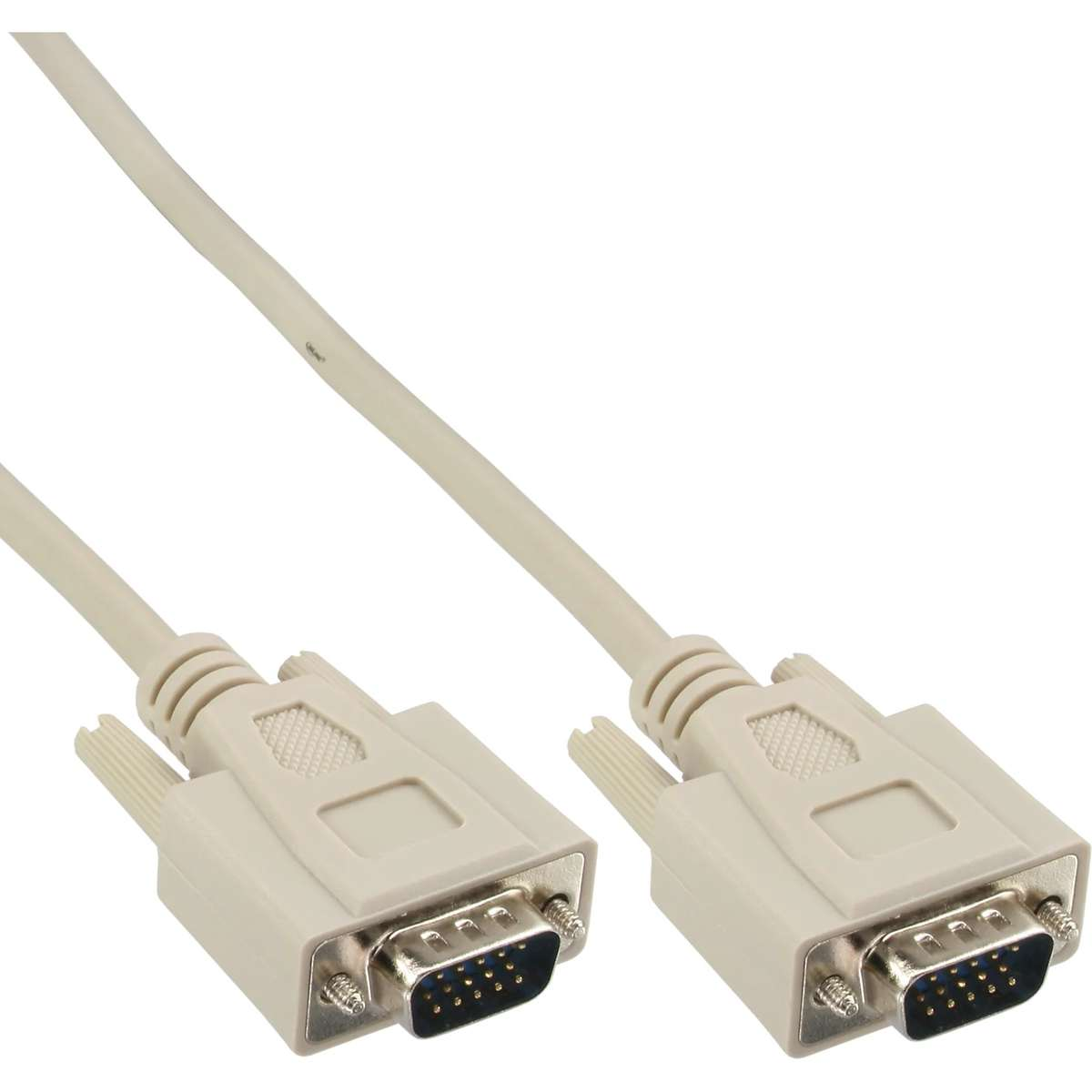 Ein graues VGA-Kabel mit Steckern an beiden Enden vor weißem Hintergrund.