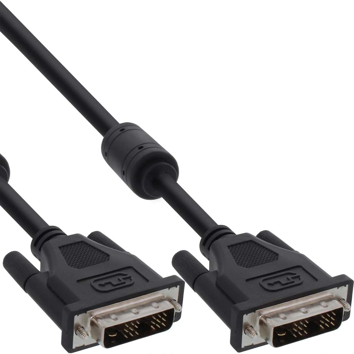 Schwarzes DVI-Kabel mit zwei Steckern und einem Ferritkern auf weißem Hintergrund.
