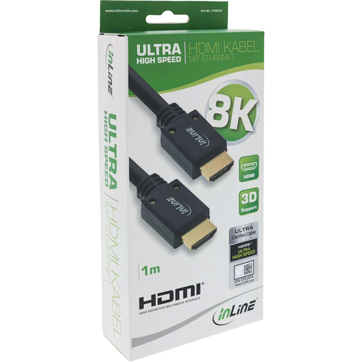 Green and white packaging for an InLine 8K Ultra High Speed HDMI cable, 1m length.