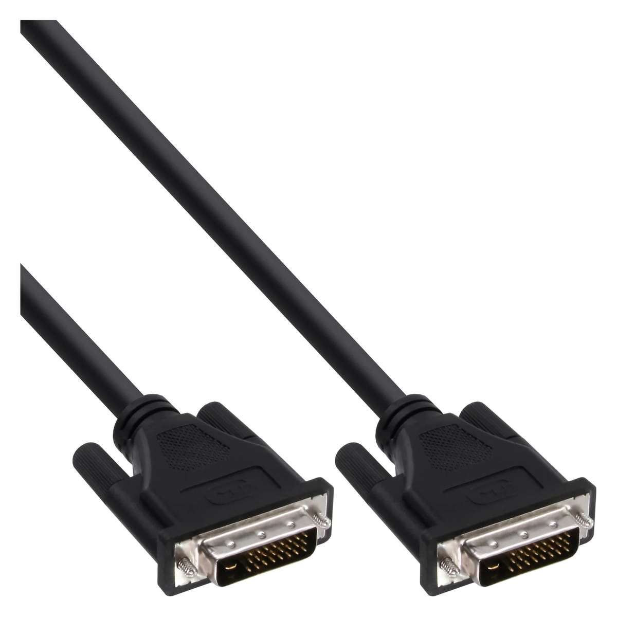 Zwei schwarze DVI-D-Videokabel mit Metallpins vor weißem Hintergrund.