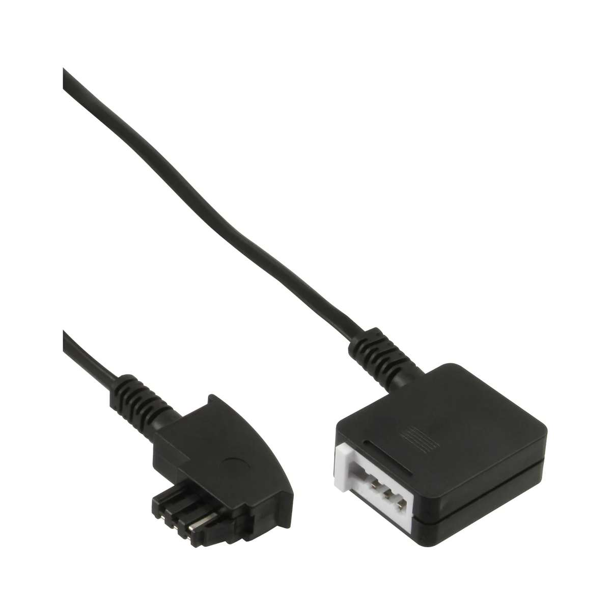 Ein schwarzes Kabel mit zwei verschiedenen Steckern auf weißem Hintergrund.