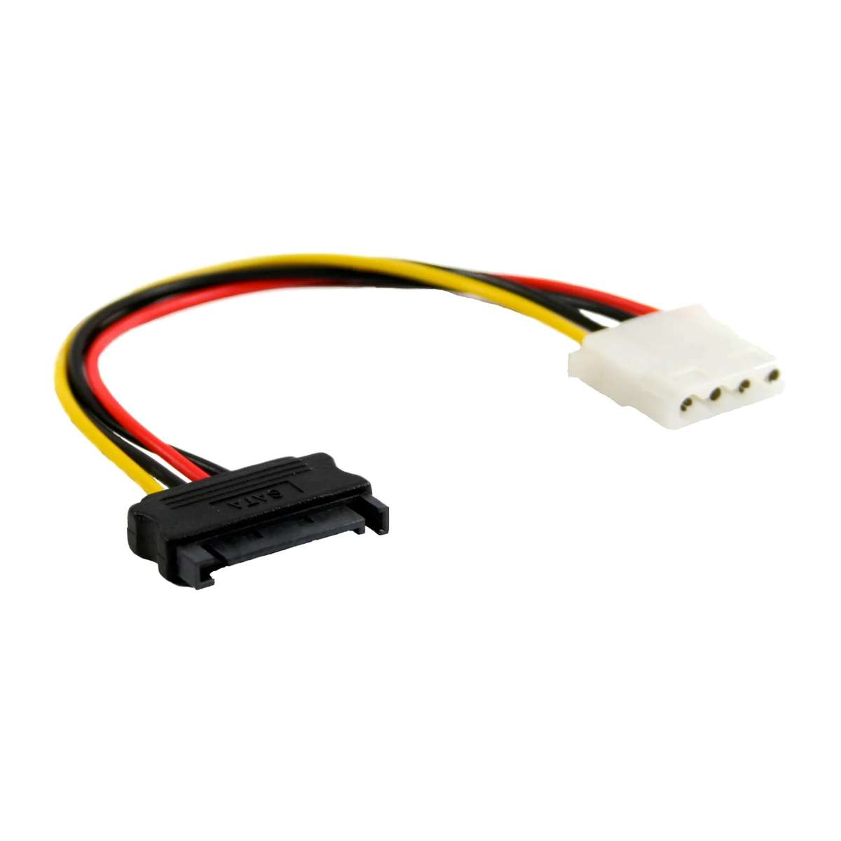 Un cable de alimentación corto con un conector SATA negro y un conector Molex blanco de 4 pines sobre fondo blanco.
