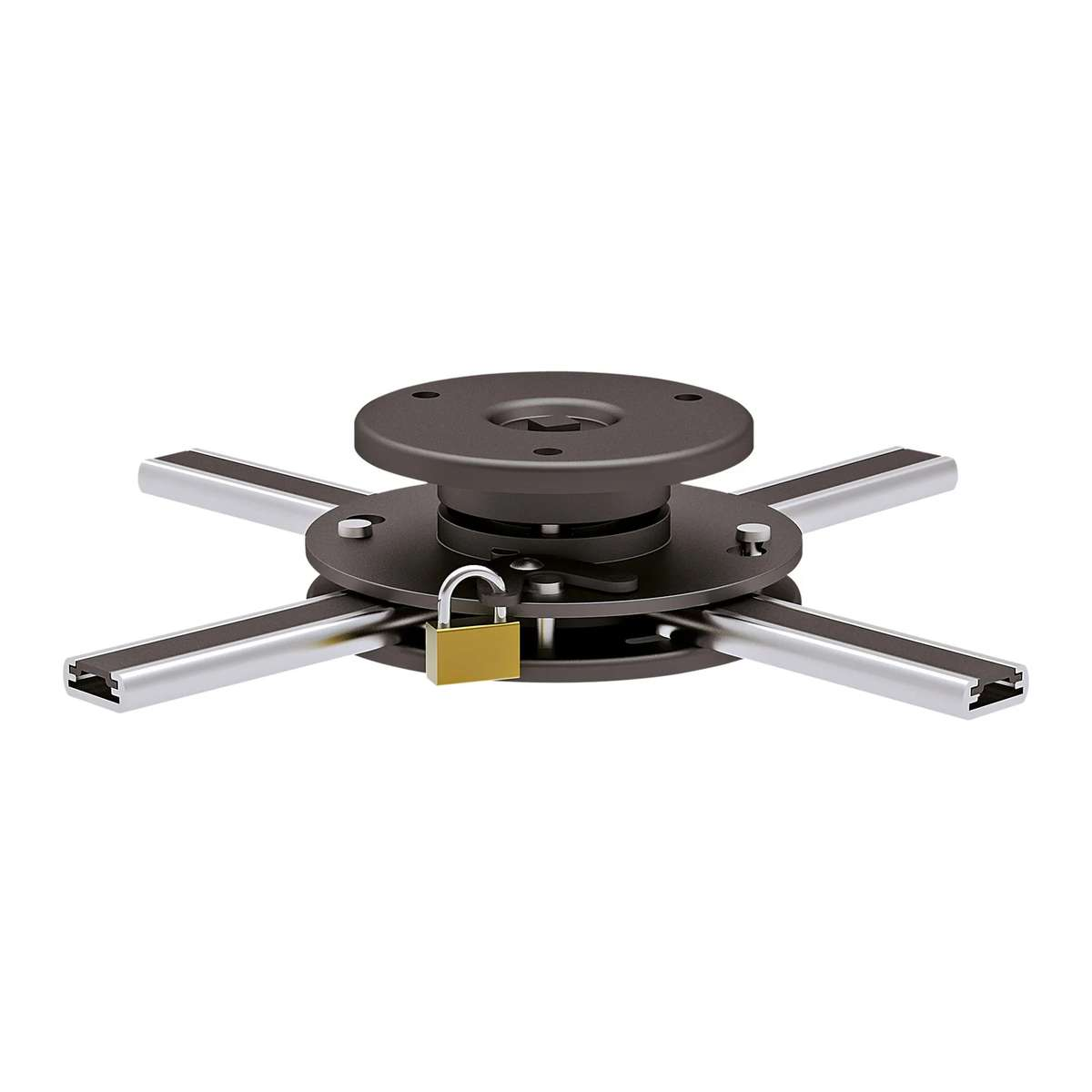 Un supporto rotondo nero con quattro bracci metallici estesi e un lucchetto dorato su fondo bianco.