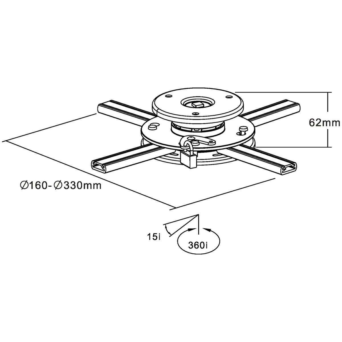 Disegno tecnico di un supporto rotondo con quattro bracci, quote e simbolo di lucchetto.