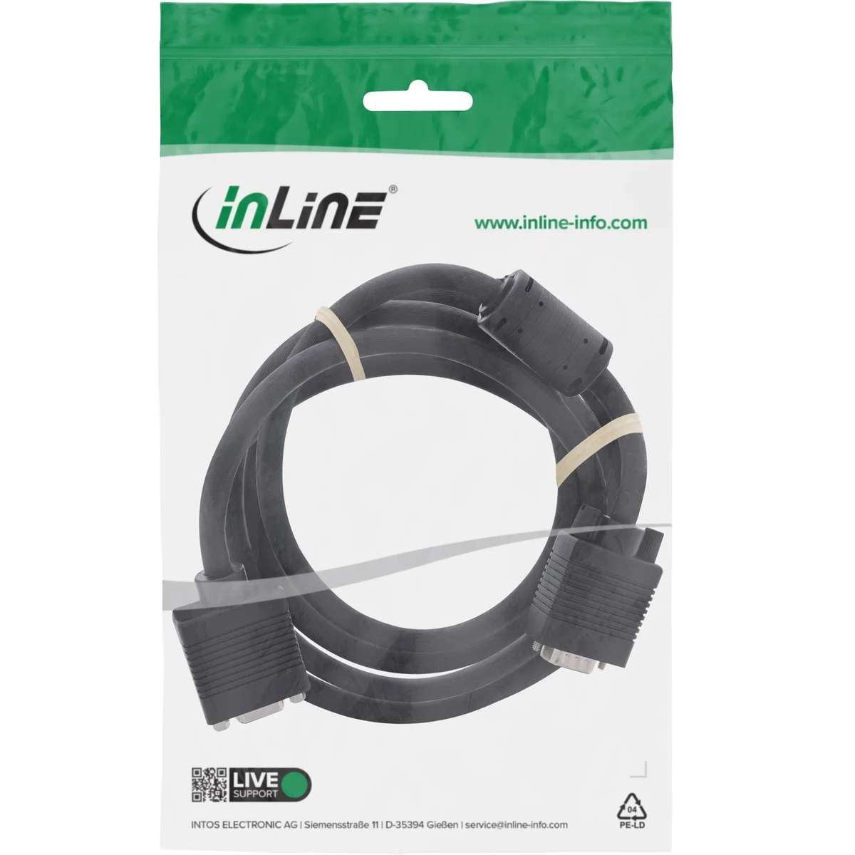 Ein schwarzes Kabel in einer Plastikverpackung mit der Aufschrift InLine.