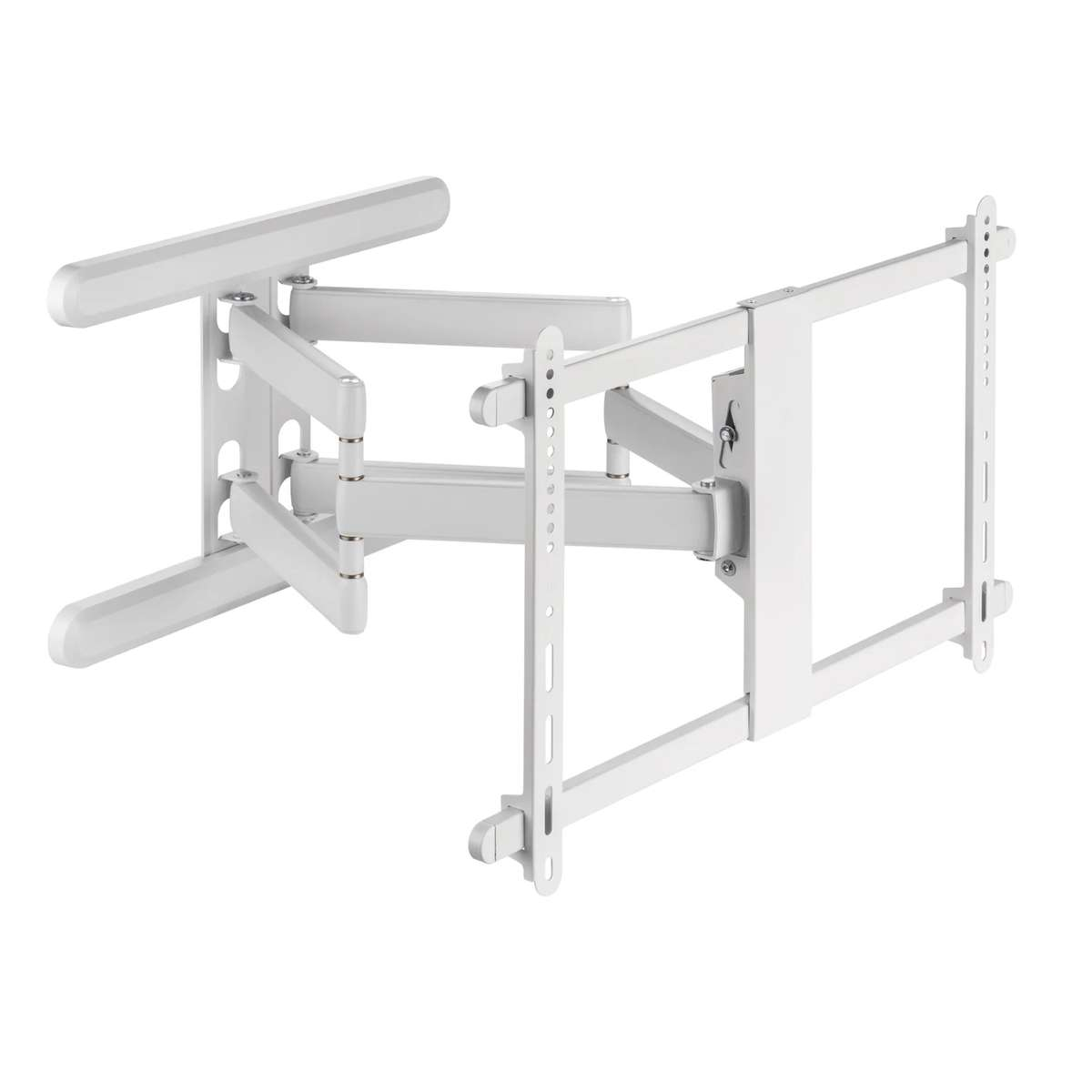 A white adjustable TV wall mount with double arms on a white background.