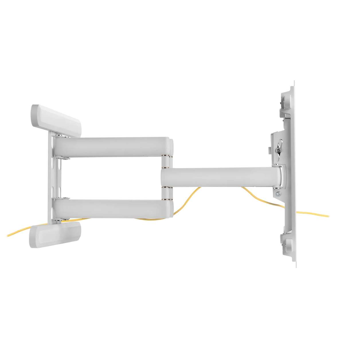 A white articulating TV wall mount with a yellow cable threaded through its arms, shown against a plain white background.