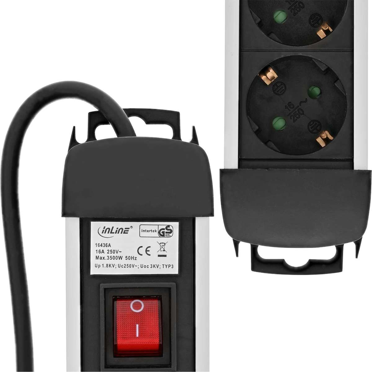 A white power strip with a red switch, a black cable, and technical labels on a dark background.