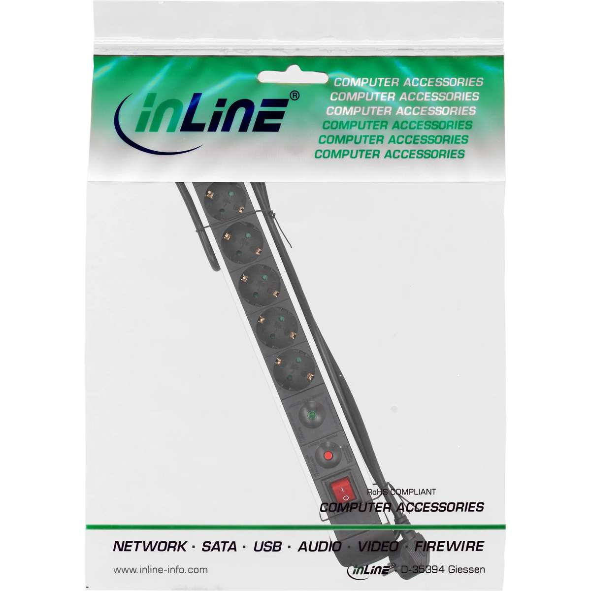 A black power strip with a switch in an InLine retail packaging.