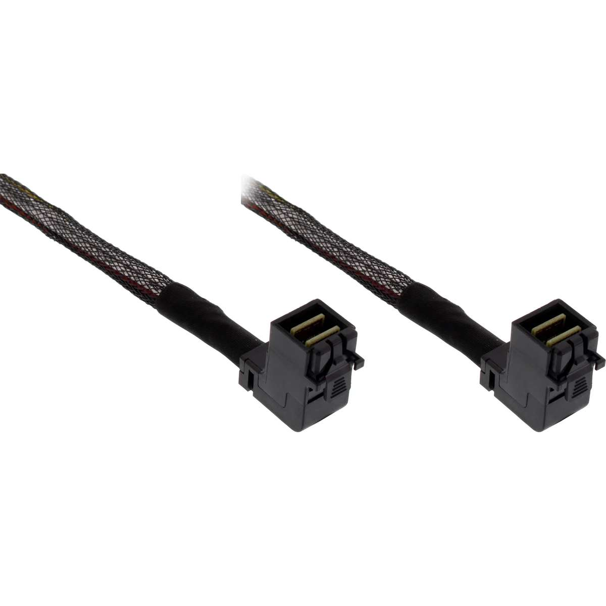 Zwei schwarze, ummantelte Kabel mit rechtwinkligen SATA-Anschlüssen vor weißem Hintergrund.
