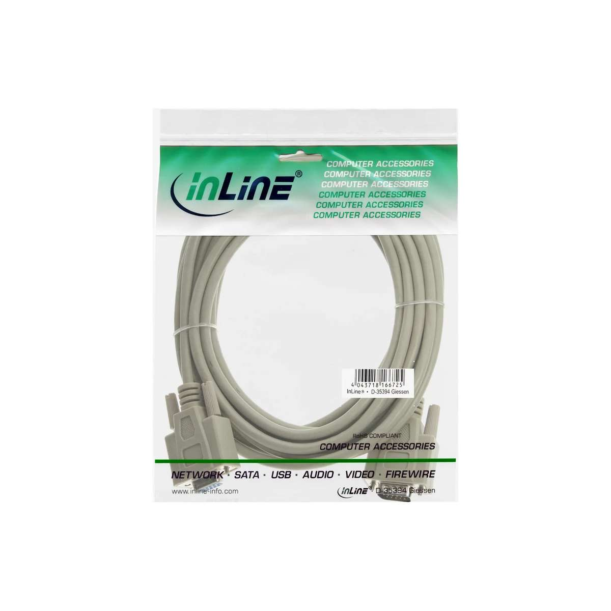 Ein graues Kabel in einer Plastikverpackung mit der Aufschrift InLine und Computer Accessories.