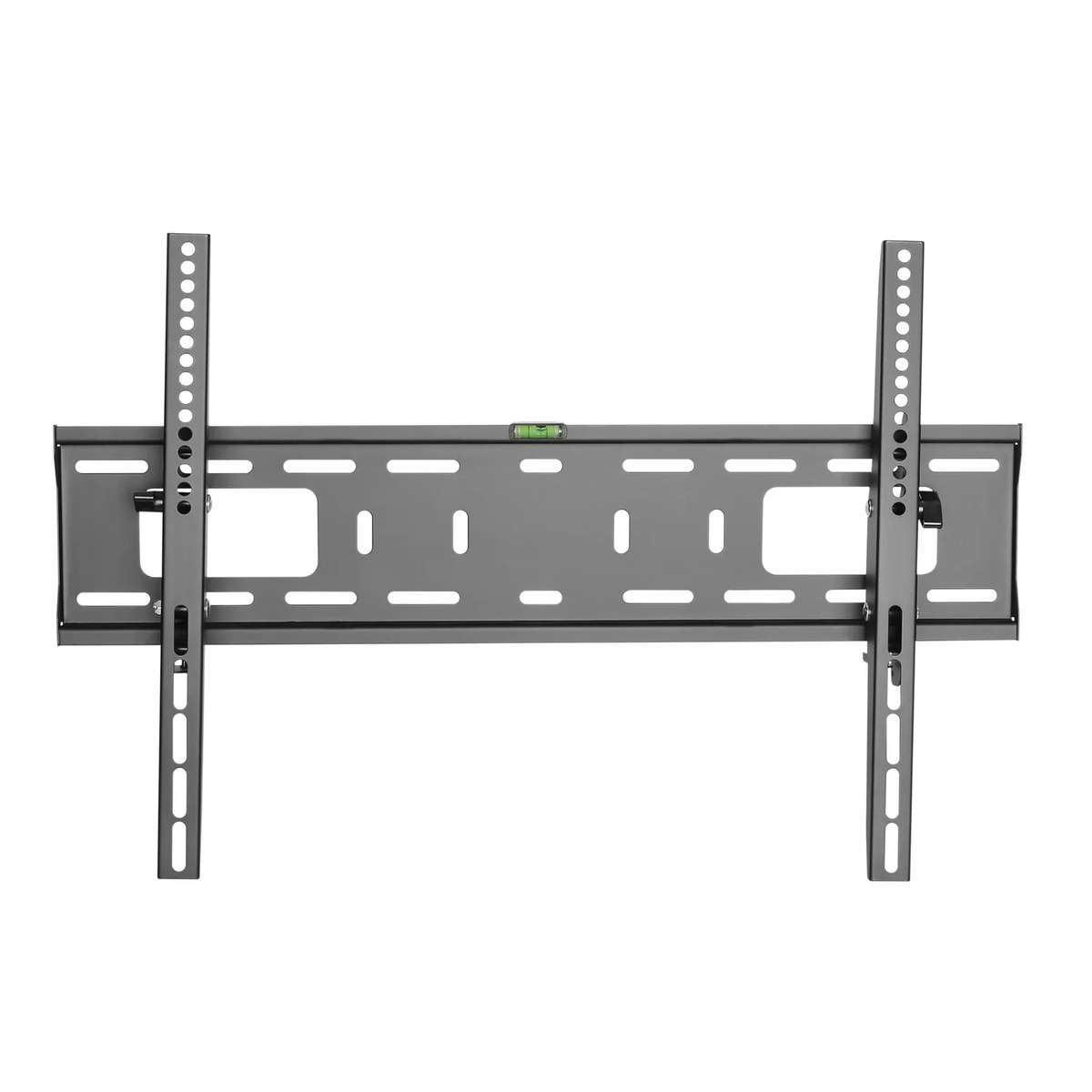 A black metal TV wall mount with two vertical brackets and a built-in spirit level on a white background.