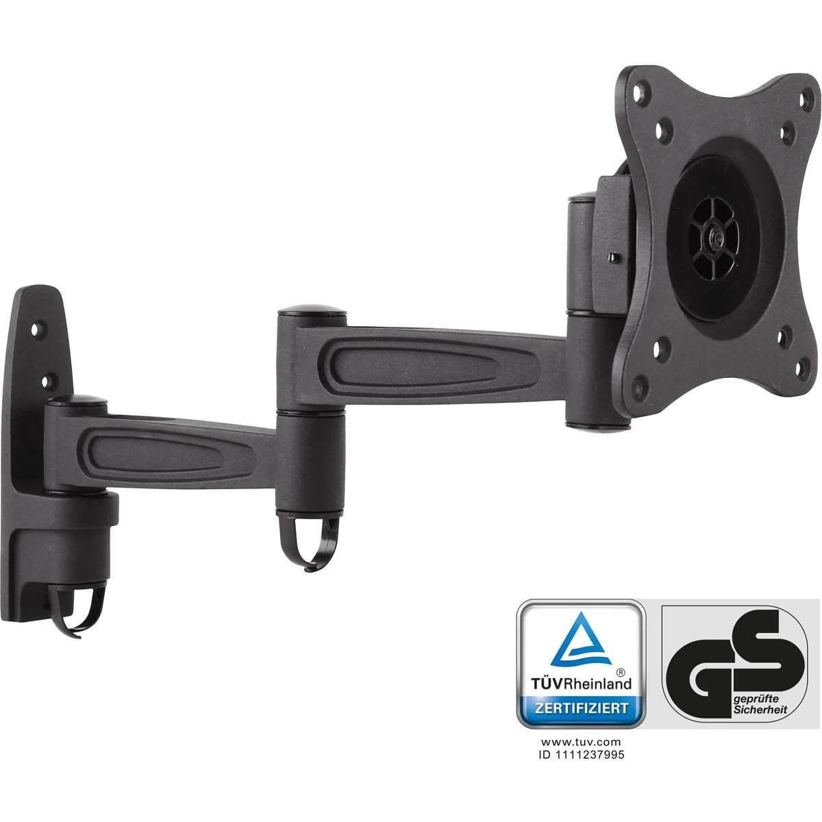 Black, adjustable monitor wall mount with two joints and two certification seals.