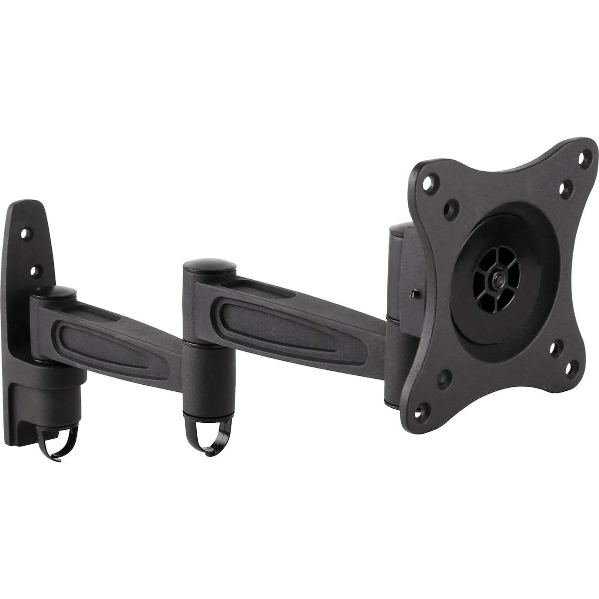 A black adjustable monitor wall mount with two articulated arms against a white background.