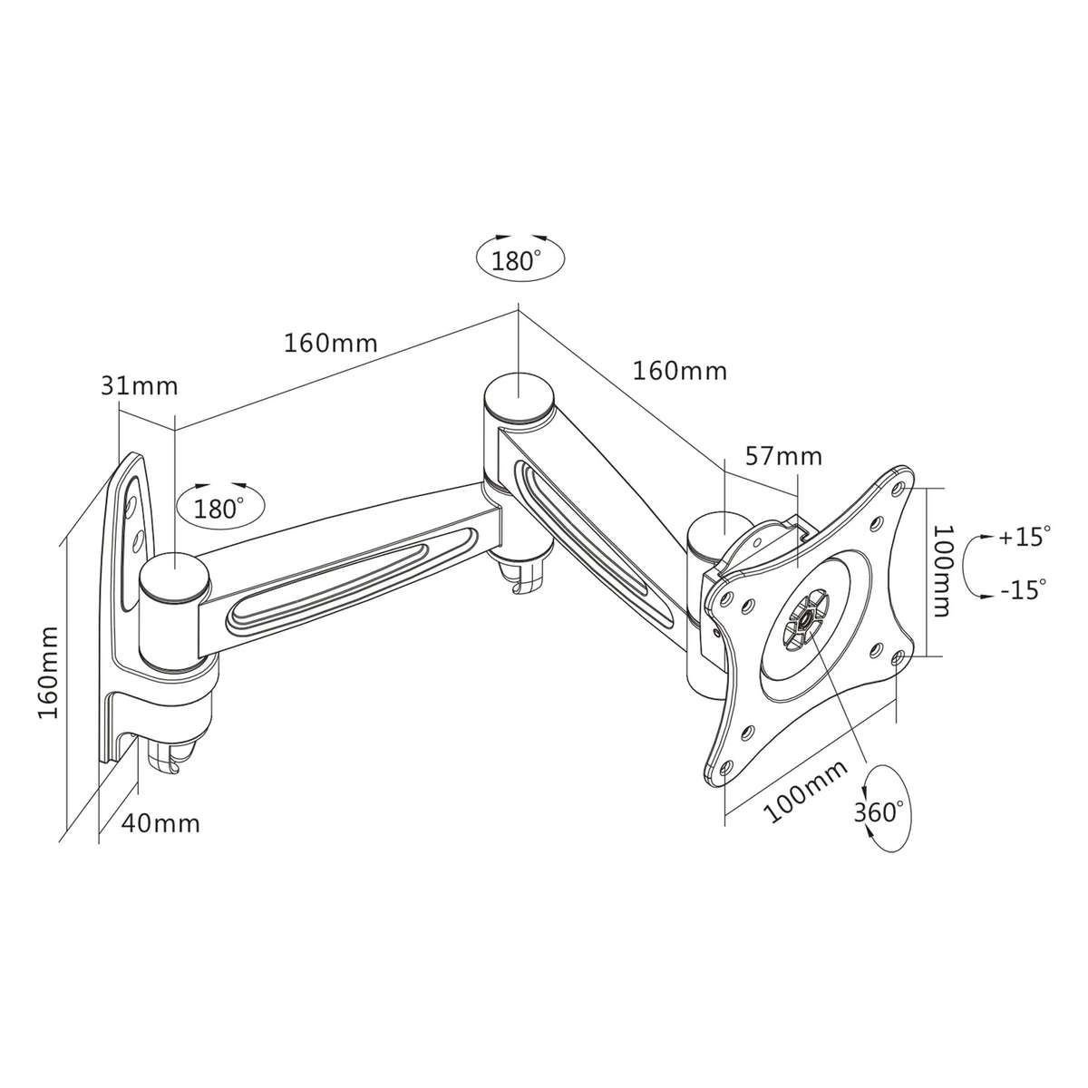 Technical drawing of a monitor mount with dimensional measurements and rotation angles on a white background.