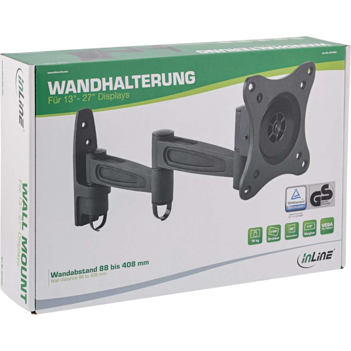 Packaging of a black wall mount for 13 to 27 inch displays with technical details.