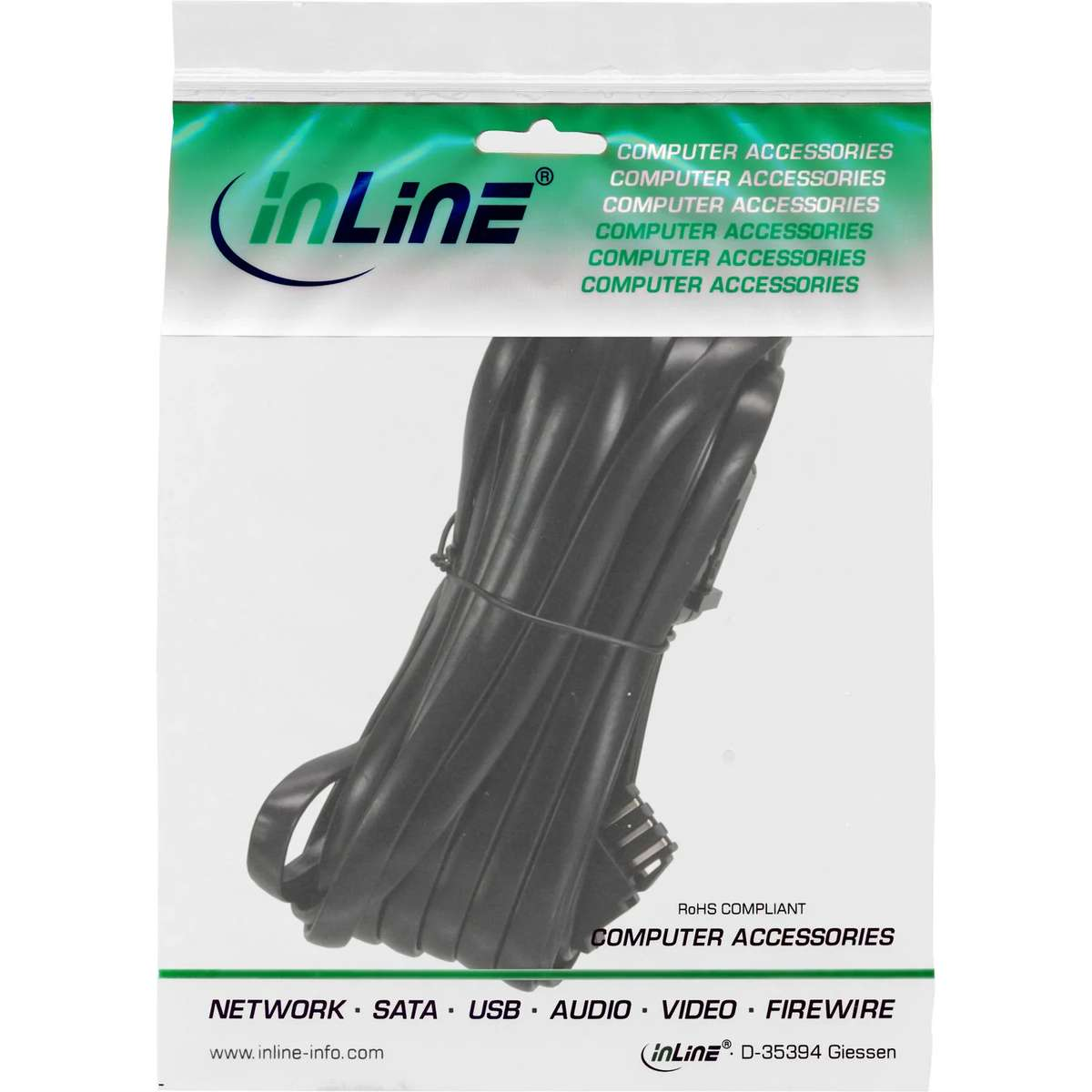 InLine Computerkabel in einer Verpackung mit grünem und weißem Design.