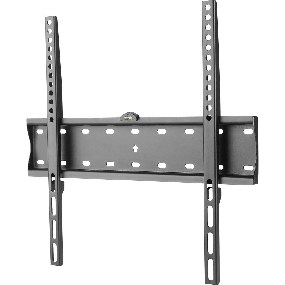 Black TV wall mount with two vertical rails and a built-in spirit level on a light background.