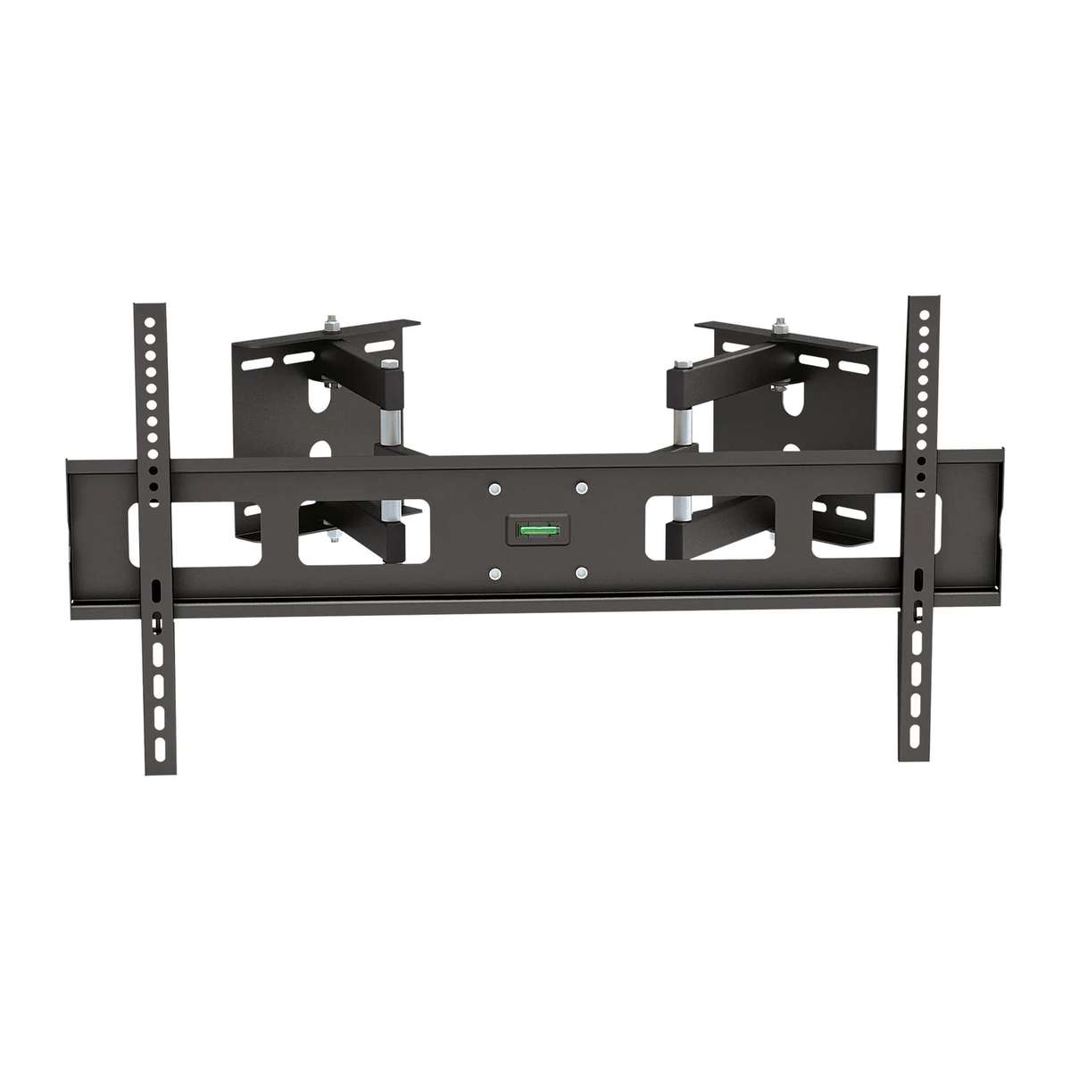 Black TV wall mount with an integrated level and two vertical mounting rails against a white background.