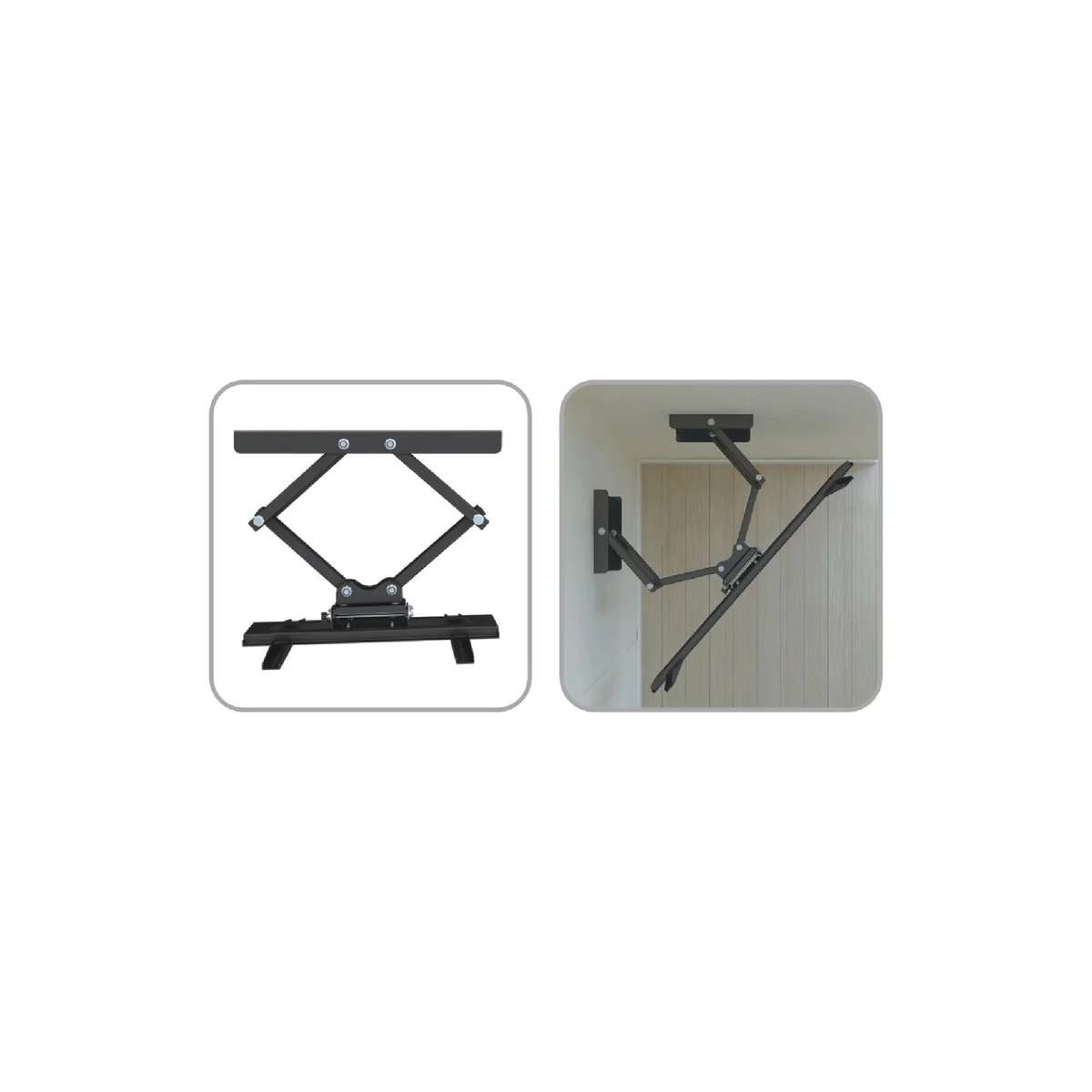 A black foldable TV ceiling mount shown in front and side views.