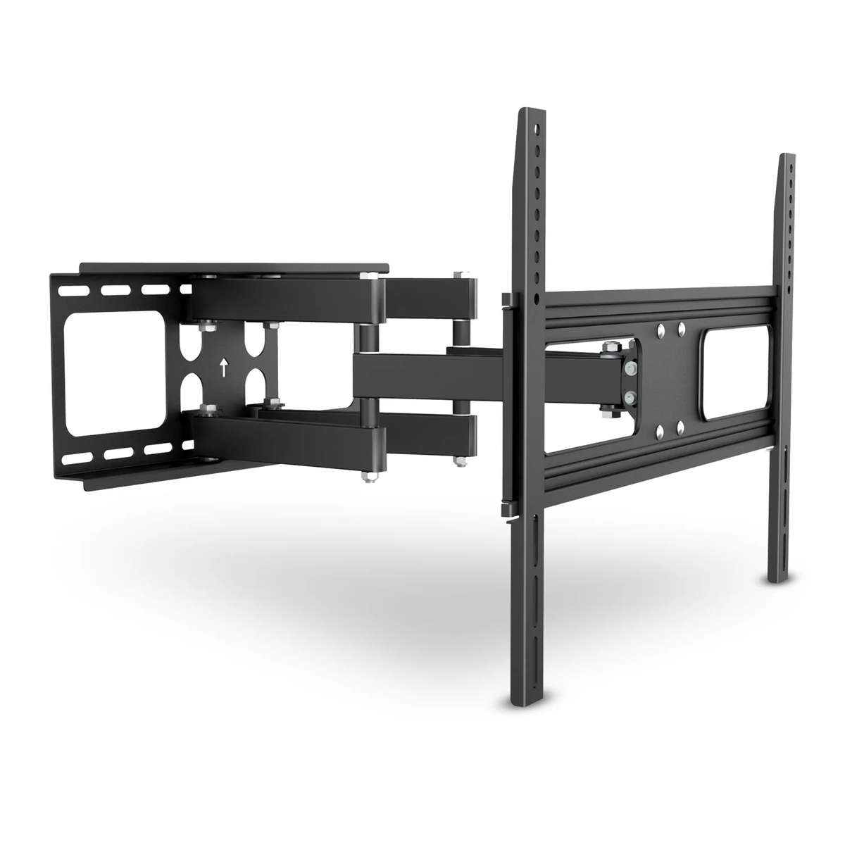 A black articulated TV wall mount with extension arms on a white background.