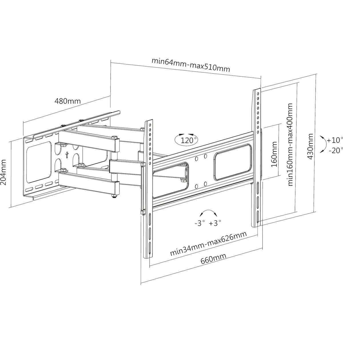 A technical drawing of an adjustable TV wall mount with dimensional measurements and rotation angles indicated.