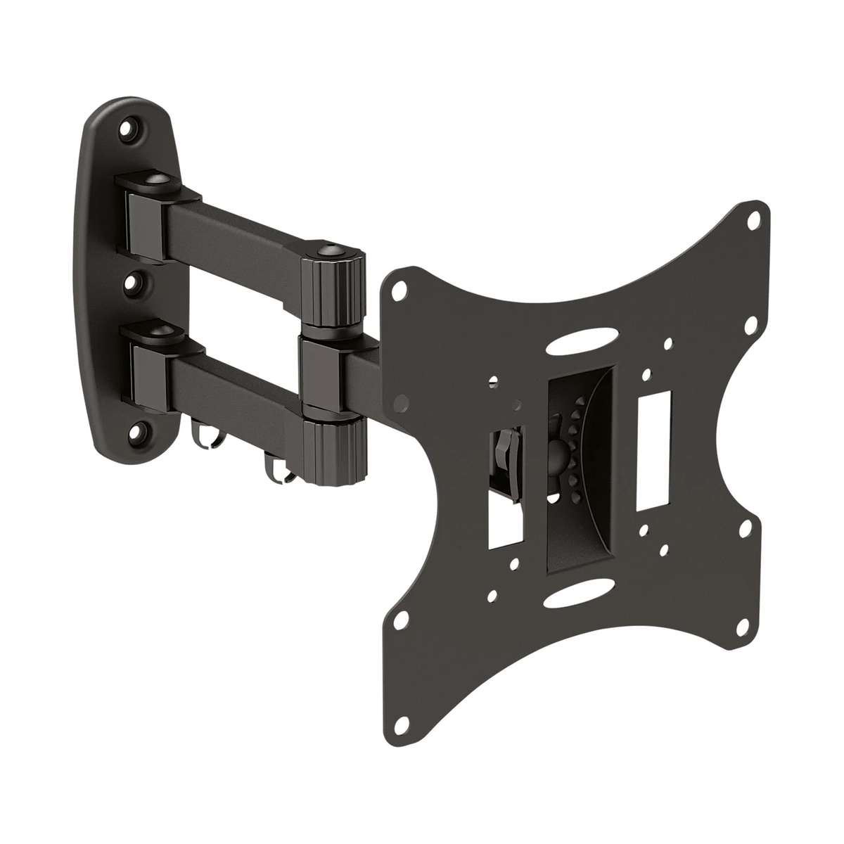 Black adjustable TV wall mount with swiveling arm and mounting plate on a white background.