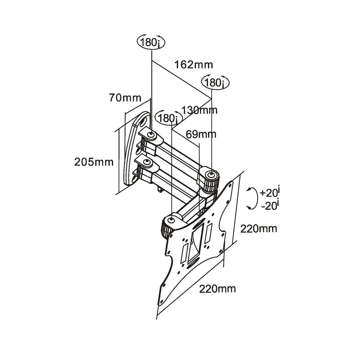Technical drawing of a TV wall mount with dimensions, angles, and extension arms on a white background.