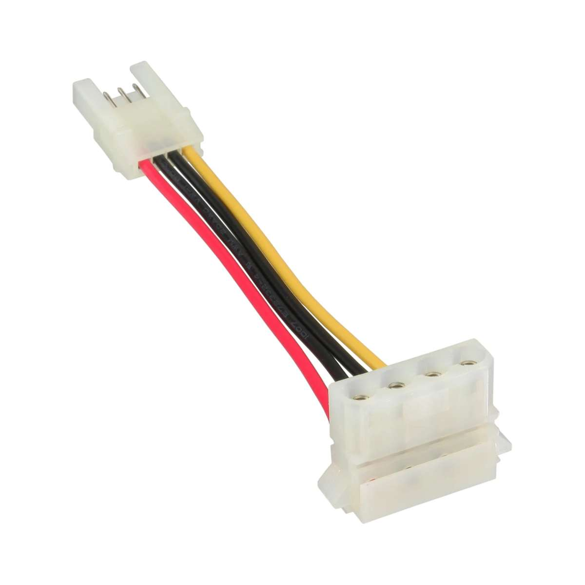 Un cable de alimentación con cuatro cables de colores que conecta un pequeño conector macho blanco y uno hembra más grande.